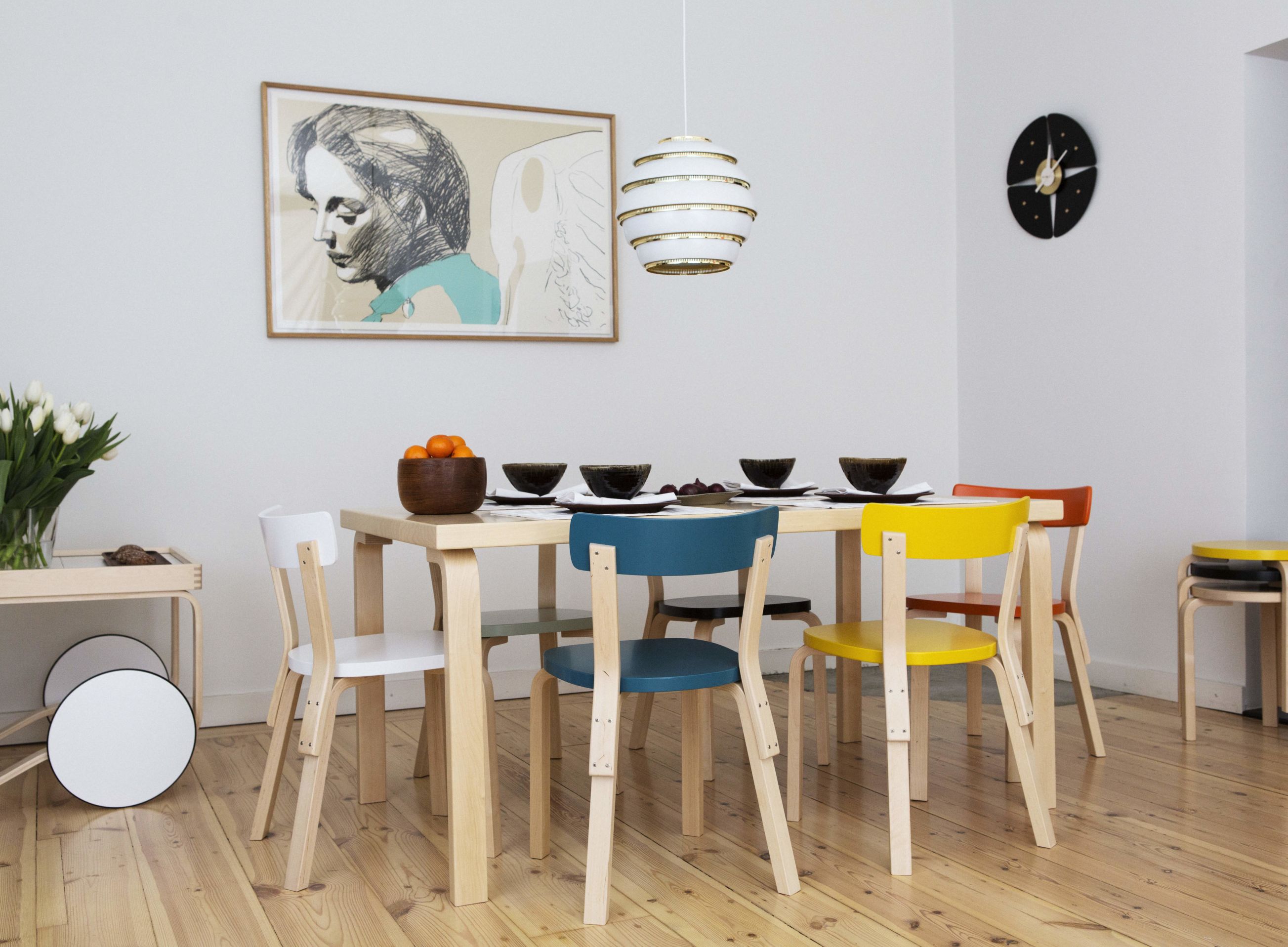 Aalto-Table-rectanqular-82B-Chair-69-Tea-Trolley-900-Pendant-Light-A331-Beehive-Stool-60